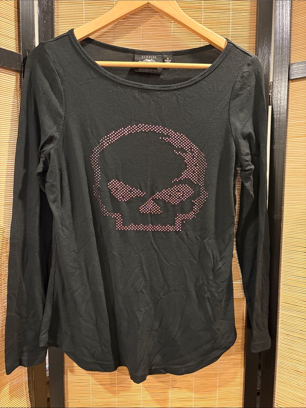 Harley-Davidson Black Long-Sleeve Top with Pink Rhinestone Skull